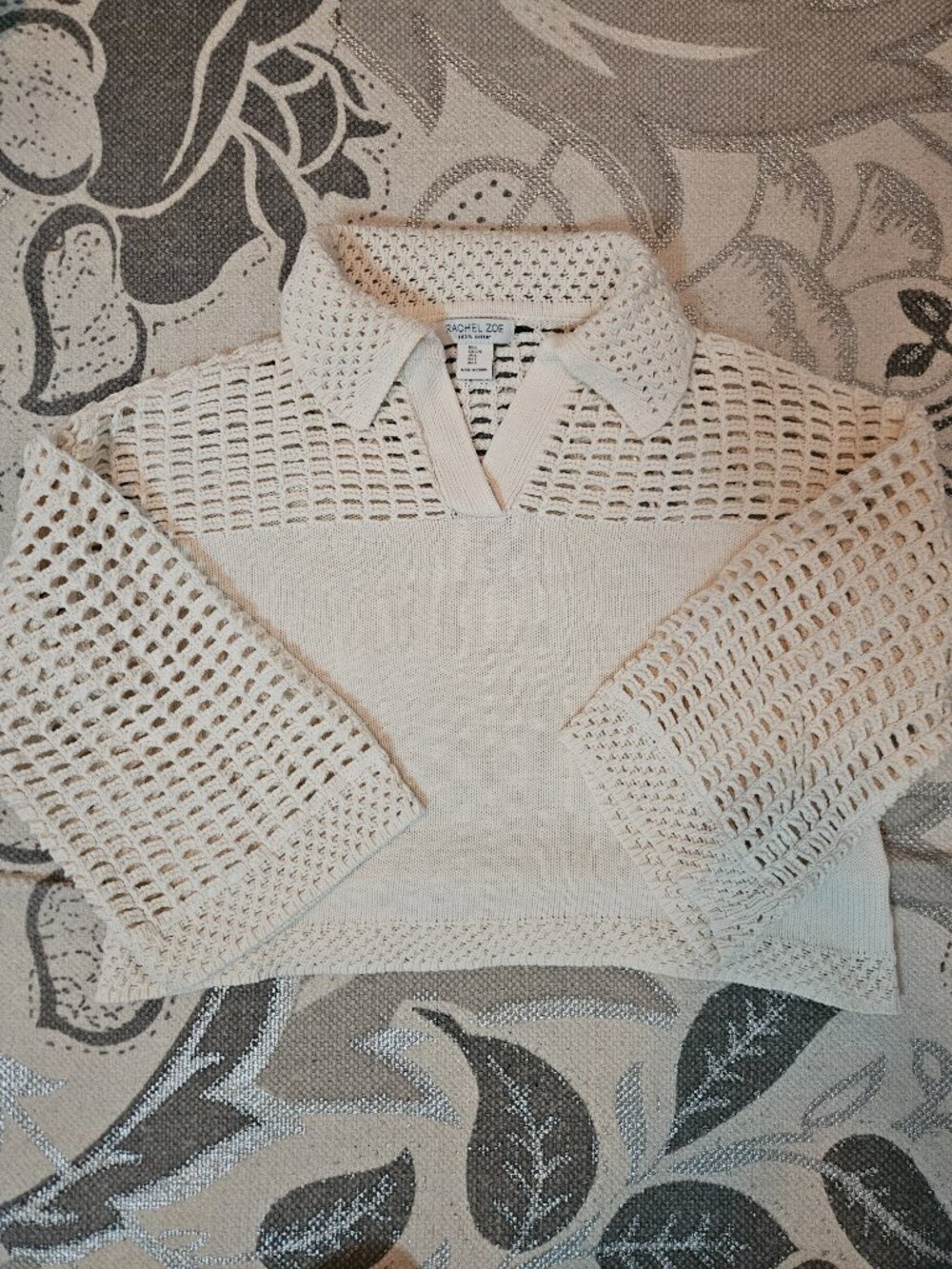 Rachel Zoe Cream Open-Weave Cotton Collared Top